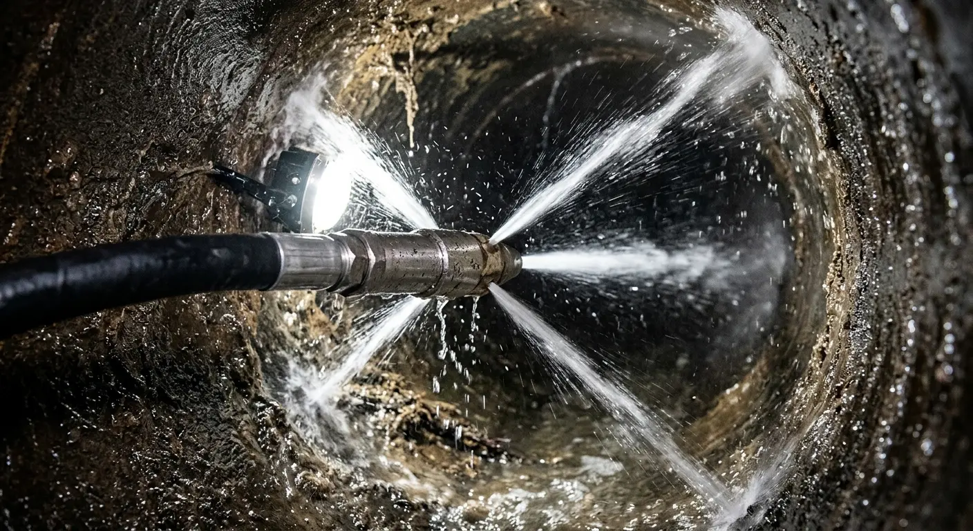 High-pressure hydro jetting nozzle cleaning sewer pipe for Storm Drain Cleaning in North Valley