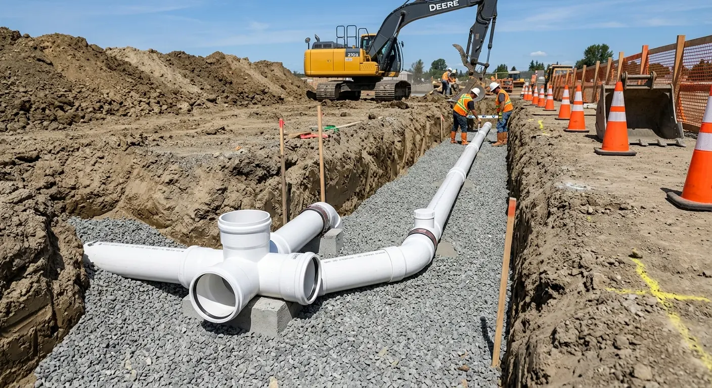 New PVC sewer pipe installation in open trench for Commercial Drain Cleaning in North Valley