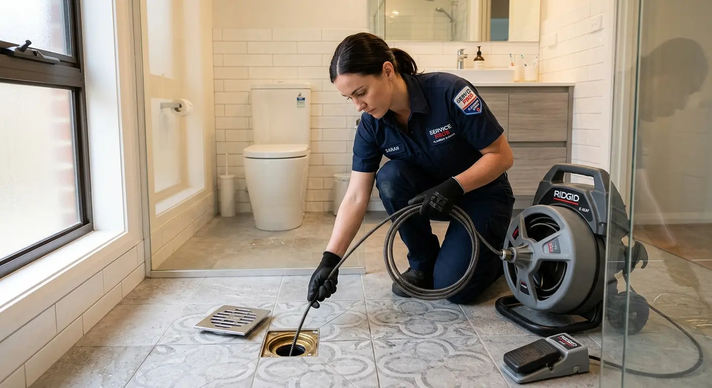 Technician clearing a bathroom floor drain for Drain Cleaning in North Valley